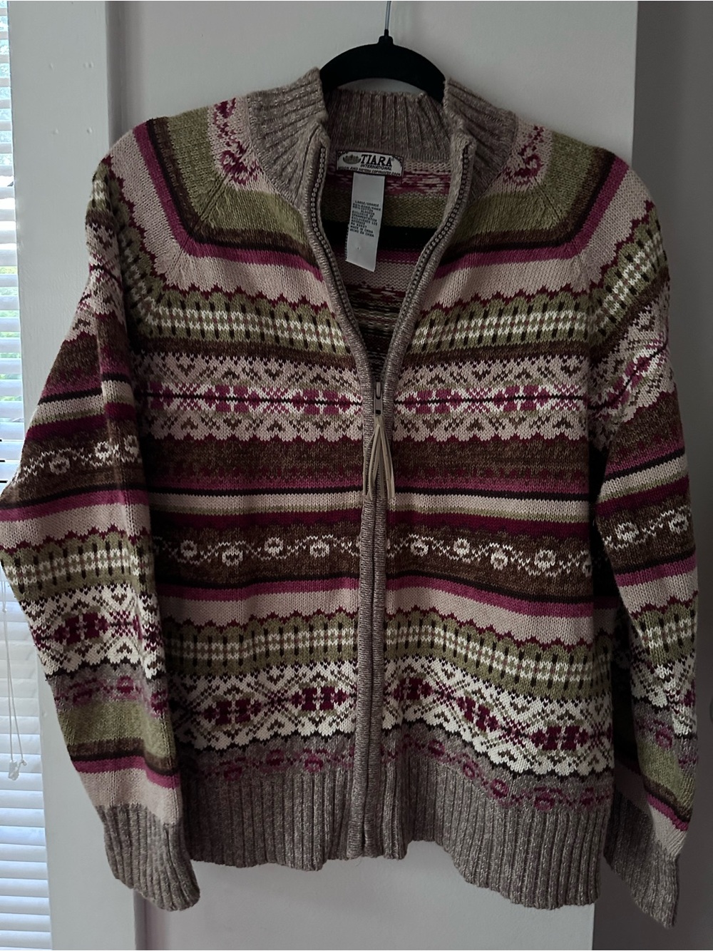 Vintage Tiara Zip-Up Fair Isle Cardigan Sweater — Pink, Olive, Brown
